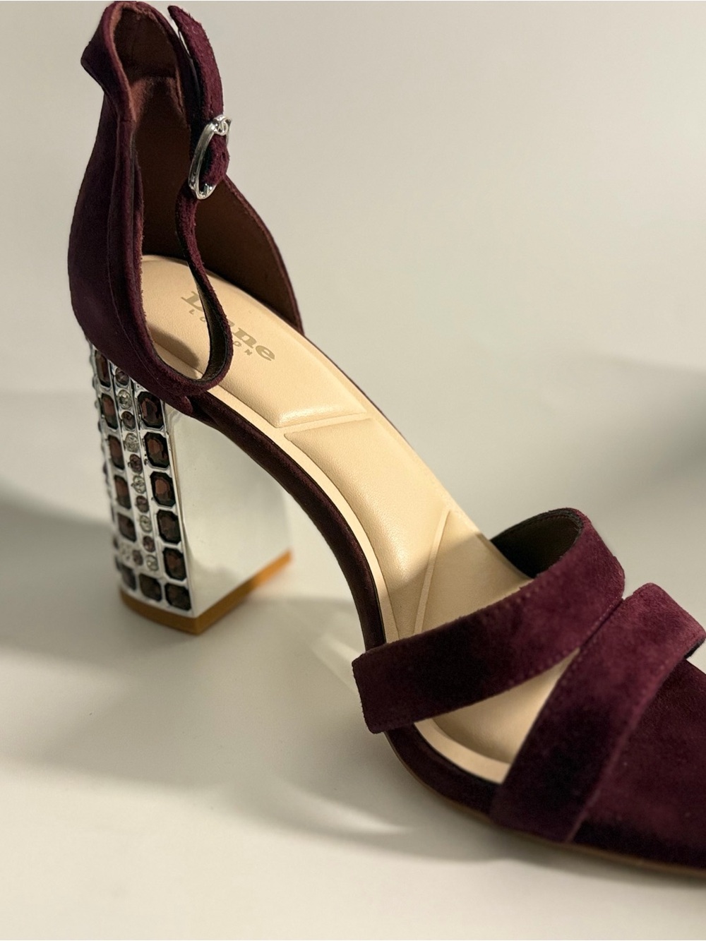 Dune London Burgundy Suede Ankle-Strap Block Heel Sandals